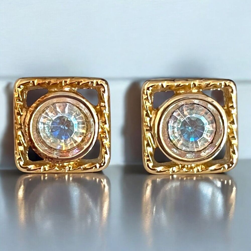 Vintage 1980s Aurora Borealis Earrings Gold Tone Square Pierced - 12B